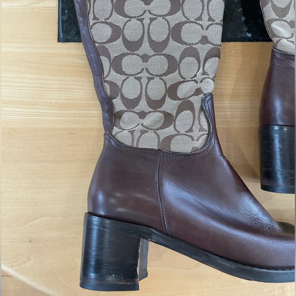Coach Olivia P156 G2 Tall Heeled Boot Logo Signature Jacquard Brown Leather 7.5 - Picture 11 of 16